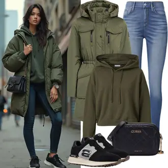 Estetski outfit mit Temno zelena/Siva/Temno siva/Bež/Svetlo siva Kapucar Elegantni pulover s kapuco/Športni pulover s kapuco/Športni pulover/Oversize pulover s kapuco/Usnjena jakna Reebok Classic "Pomladni videz"Look: Prevelik, Brez šivov, Mehko, Overdressed, Modna, Estetski, Športno, Delovna oblačila, Ulična moda, Techno, Skater, Zunaj, Rap