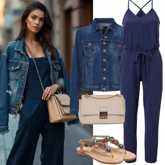 90-ich Outfit sa Plava/Svjetloplava/Pastelne boje/Tamnoplava Kratki Kombinezon/Traper Kombinezon/Kombinezon/Traper Kombinezon About You "Ljetna odjeća"Look: Rap, 80-te roky, Skater, Sveučilišna, 90-ich