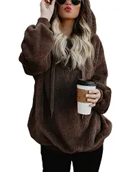 Damen Pullover Langarm Lose Winter Hoodie Warm Teddy-Fleece Oversize Sweatshirt Tops mit Kapuze (Braun, S-3)