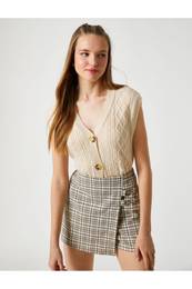 Crop Cardigan Sleeveless Buttoned V-Neck Braid Patterned