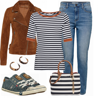 Outfit mit Rot Lederjacke Freaky Nation "EDC BY ESPRIT TShirt"