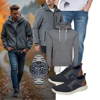 Streetwear Outfit mit Dunkelgrau/Grau/Hellgrau Vintage Hoodie/Unisex Hoodie/Hoodie/Strick Hoodie/Ausgefallener Hoodie Riverso "Freizeit Outfit"Look: Casual, Moderne, Sportlich, Streetwear, Rad, Stil, Skater, Outdoor, Workwear, Unisex