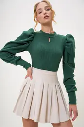 Trend Alaat Stili Women's Green Crew Neck Drop Neck Princess Sleeve Knitwear Blouse