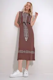 Trend Alaat Stili Women's Brown Embroidery Printed Bohemian Dress