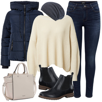 Outfit mit Beige/Creme/Weiß/Khaki/Orange Basic Pullover/Pullover Mit Fledermausärmel/Kaschmir Pullover/Grobstrickpullover/Kaschmir Pullover/Strickpullover/Mohair Pullover/Schulterfreier Pullover/Oversized Pullover/Einfacher Pullover/Winterpullover/Wollpullover Only "Stylische Kombination für die Freizeit"