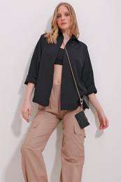 Trend Alaat Stili Women's Black Cuffed Cotton Basic Shirt