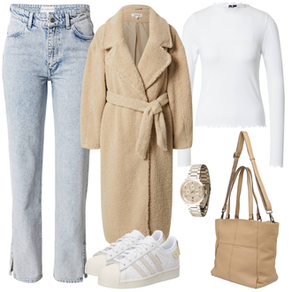 Outfit mit Beige/Braun/Khaki Bouclé Mantel/Kaschmir Mantel/Pelzmantel/Teddy Mantel Edited "Moderner Freizeitlook"