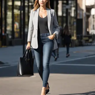 Outfit mit Grau Lederjacke/Oversize Blazer/Boyfriend Blazer/Longblazer/Zweireiher Blazer Comma "Vorstellungsgespraech Jeans Look"