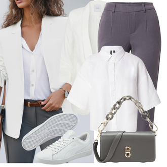 Büro Outfits mit Grau/Weiß/Creme Leder Sneaker/Sneaker Low/Schmaler Sneaker Puma "Büro Outfit"