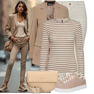 Uski kroj Outfit sa Bež/Kaki/Smeđa Majica S Visokim Okovratnikom/Majica S Prugama Pieces "Outfit za svaki dan"