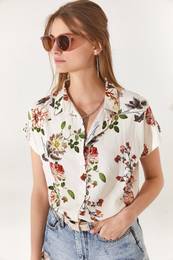 Women's Ecru Floral Bat Viscose Shirt