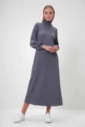 Trend Alaat Stili Women's Gray Turtleneck Burgundy Fabric Long Dress