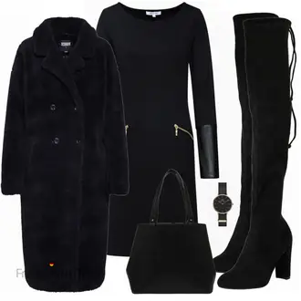 Winter Outfits mit Schwarz/Dunkelblau Midi Mantel/Mantel mit Reißverschluss/Schmal Geschnittener Mantel/Scuba-Mantel/Mantel/Tunika/Etuikleid/Kleid mit Tasche/Langärmliges Winterkleid/Langarm Etuikleid/Etuikleid mit Reißverschluss About You "In Black"