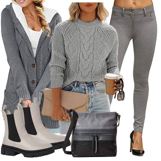 Echtleder Outfit mit Braun/Beige/Grau GummiStiefelette/Lederjacke/Chelsea Boot Tamaris "Outfit Für Den Herbst"