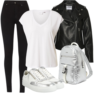 Outfit mit Schwarz Mantel/Bikerjacke/Kurzjacke/KunstLederjacke/Lederjacke/Motorradjacke/Vintage Lederjacke Noisy may "Frühlings Outfit"