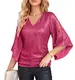 Damen Pailletten Glitzer Bluse Langarm V-Ausschnitt Shirt Slim Fit Tunika Elegant Casual Rose Rot Pailletten M