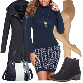 Lack Outfit mit Grau/Dunkelblau/Schwarz/Dunkelgrau Wollfleece Mantel/Kapuzenmantel/Wintermantel Wollmantel/Mantel mit Reißverschluss/Schmal Geschnittener Mantel/Softshell Mantel/Scuba-Mantel VERO MODA "Perfekt für die Arbeit"Look: Lack, Overdressed, Büro, Outdoor, Maritim