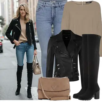 Mit Absatz Outfit mit Schwarz Leder Overknee Stiefel/Plateau Stiefel/High Heels Stiefel/WeitschaftStiefel/Langer Stiefel/Kniehoher Stiefel Elara "Modisches Freizeit Outfit"