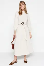 Ecru Belted High Neck Linen Look Woven Dress