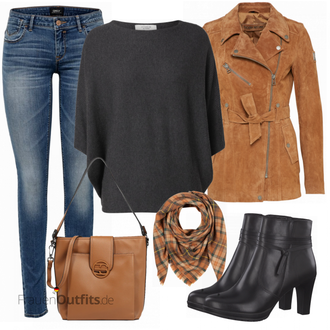 Outfit mit Schwarz/Grau/Dunkelgrau Strick Große/Klassische Tunika/Bluse Lederjacke/Oversize Bluse/Tuniken-Shirt/Shirt & Top Große Größe/Tunika/Pullover Mit Fledermausärmel/Kaschmir Pullover JdY "Trendiges Herbst Outfit"