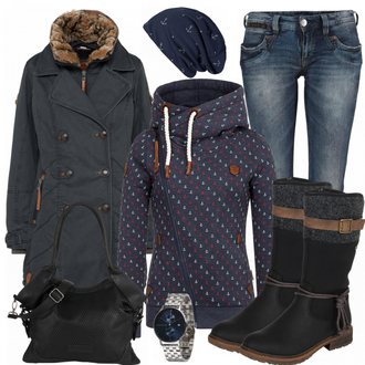 Warme Outfit mit Dunkelblau/Blau/Hellblau Kopfbedeckung/Hut Mütze/Bandana Caripe "NaketanoAnkerLove"