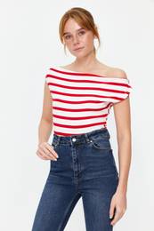 Red Striped Boat Neck Fitted Viscose/Soft Fabric Flexible Knit Blouse
