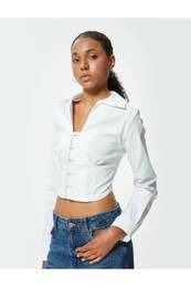 Crop Blouse V-Neck Long Sleeve Gimped Metal Accessories Slim Fit