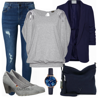 ohne Verschluss Outfit mit Dunkelblau 3/4 Bluse/Bluse Oberteil/Bluse mit Stehkragen/Bluse Mit Schleife/Business Bluse/Elegante Bluse/Lederjacke/Longbluse/Langarmbluse/Tunika Pieces "Frühlings Outfit für Damen"