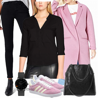 Outfit mit Schwarz/Grau/Dunkelgrau Lederjacke/Klassische Tunika/Schlupfbluse/Bluse Mit Knopf/Tuniken-Shirt/3/4 Bluse VERO MODA "Adidas"