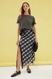 Black Plaid Patterned Tulle Lace Detailed Flexible Skirt