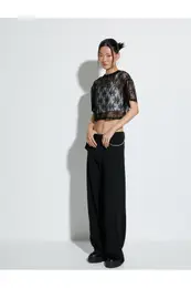 Crop Lace T-Shirt Short Sleeve Crew Neck