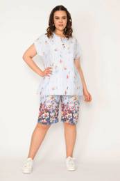 ans Women's Plus Size Blue Kiss blouse with a collar and an elastic waist Bermuda Suit