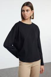 Black 100% Cotton Stitching Detailed Relaxed/Comfortable Pattern Knitted T-Shirt