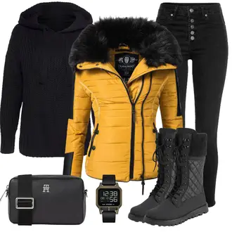 Outfit mit Schwarz Leder Schuhe/Push up Jeans/High Waist Jeans/Damen 7/8-Länge Jeans/Caprijeans/Lederjacke/Cropped Jeans/Thermojeans/Winterjacke/Biker Jeans/Knöchelstiefel Buffalo "Perfekt für den Winter"