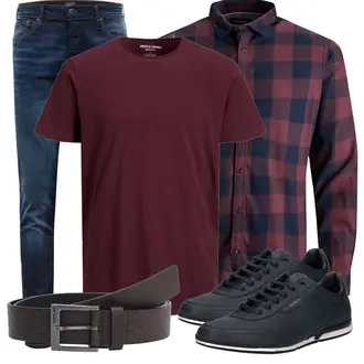 Outfit mit Dunkelblau/Hellblau/Blau Slim Fit Jeans/Lederjacke/Leder Schuhe/Winterjacke/Low Rise Jean/Herren Lederjacke/Low Waist Jean/Push up Jeans/Biker Jeans/Thermojeans/Regular-Fit Jeans Jack & Jones "Alltagsoutfit"