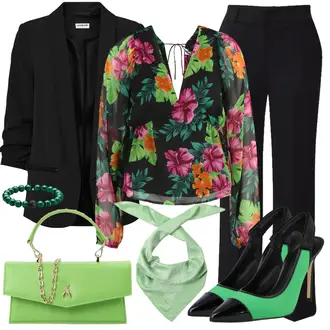 80er Outfit mit Schwarz/Braun/Rosa/Gelb/Grün/Mischfarben Bluse und Tunika/Bluse Oberteil/Carmen­bluse/Lederjacke/Crash­bluse/Außergewöhnliche Bluse/Festliche Bluse/Offene Bluse/Gemusterte Bluse/Verspielte Bluse/Druckbluse/Transparente Bluse ONLY (tall) "Schickes Business Outfit"Look: Stil, Rap, 80er, 90er, Boho, Coole, Hippie, Schön, Uni