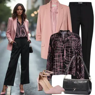 Dámské outfity do práce Business, Ležérní Léto s Tmavě modrá/Růžová/Černá Boyfriend Sako/Krátké Sako/Oversize Sako/Dvojřadový Sako bershka "Elegantní Jarní Outfity"Look: Splývavé, Emo, Business, Francouzské, Kancelář, Nadrozměrné