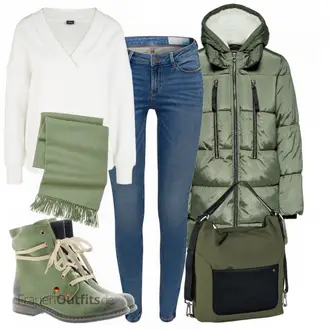 Outfit mit Grün Stiefel Rieker "Herbst Outfit in warmen Farben"