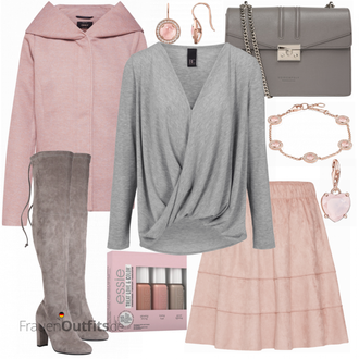 Elegant Outfit mit Grau/Hellgrau/Braun/Beige Overknee Stiefel/High Heels Stiefel/Kniehoher Stiefel/Leder Overknee Stiefel/Langer Stiefel/Spitzer Stiefel/Stiefel Mit Reißverschluss About You "Heine Shirt"Look: Uni, Edel, Coole, Elegant, Festlich, Schön, Old Money, Overdressed