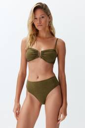 Khaki Strapless Accessory Glitter Premium Fabric Brazilian Bikini Set