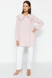 Pink Collar Pompom Detailed Woven Shirt