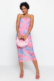 Multicolored Printed Tulle Lined Shift/Straight Strapless Midi Flexible Knitted Pencil Dress