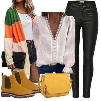 Oversize Outfit mit Gelb/Braun Lederjacke/Gefütterte Stiefelette/Flache Stiefelette/Chelsea Boot Tamaris "Perfekt für den Herbst"Look: Smart Casual, Unisex, Casual, Workwear, Oversize, Duckfeet, Premium, Western, Schick