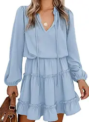 Modasua Damen Kleider Langarm Blusenkleid Elegant Sommerkleid Casual Tunika Kleid Einfarbig Minikleid V-Ausschnitt Flowy Kleid mit Kordelzug,A Blau,M