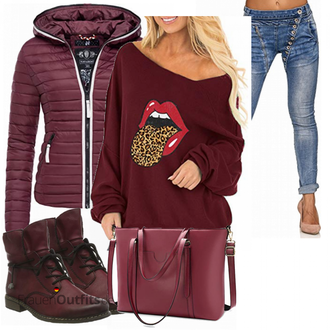 Outfit mit Dunkelrot/Lila/Rot/Bordeaux Klassischer Stiefel/Winter Stiefelette/Leder Stiefelette/Flache Stiefelette/Gefütterte Stiefelette/SchnürStiefelette Rieker "Trendiges Herbst Outfit"