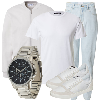Outdoor Outfit mit Hellblau/Blau Mom Jean/Tapered-Jeans/Dad Jeans/Boyfriend Jean/Girlfriend Jeans/Jeans mit Schlitz/High Waist Jeans/Cropped Jeans/Vintage Jeans/Herren Lederjacke DAN FOX APPAREL "Alltagsoutfit"Look: Uni, Boyfriend, Outdoor, 90er, Schön, Smart Casual, Coole