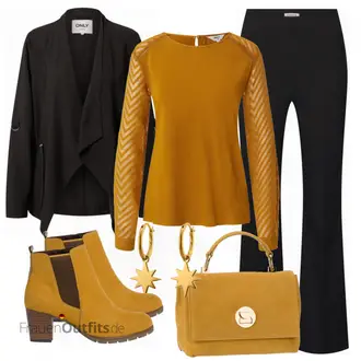 70er Outfit mit Schwarz/Beige/Creme Schlaghose/Bootcut Pant/Business Hose/Anzughose/Flared Leggings/Ausgestellte Hose/Jerseyhose/Lange Hose/Musselin Hose/Hose mit Schlitz Edited "Modischer Look für den Herbst"Look: 70er, Uni, Büro, Outdoor