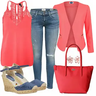 Outfit mit Rot/Rosa Schultertasche/Stofftasche/Schulranzen/Tasche Büro/Tragetasche/Shopper/Shopper-Tasche Lacoste "Buntes Sommer Outfit"