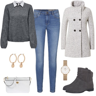 Wasserfall-Ausschnitt Outfit mit Grau/Braun/Beige Bouclé Mantel/Strickfleece Mantel/Strickmantel/Wollfleece Mantel/Wintermantel Wollmantel Only "Toller Freizeitlook"