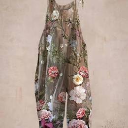 1pc Women's Plus Size Floral Print Overalls, Spring/summer/autumn , Polyester Knit Fabric, H-line Silhouette, Regular Length, Non-waterproof,